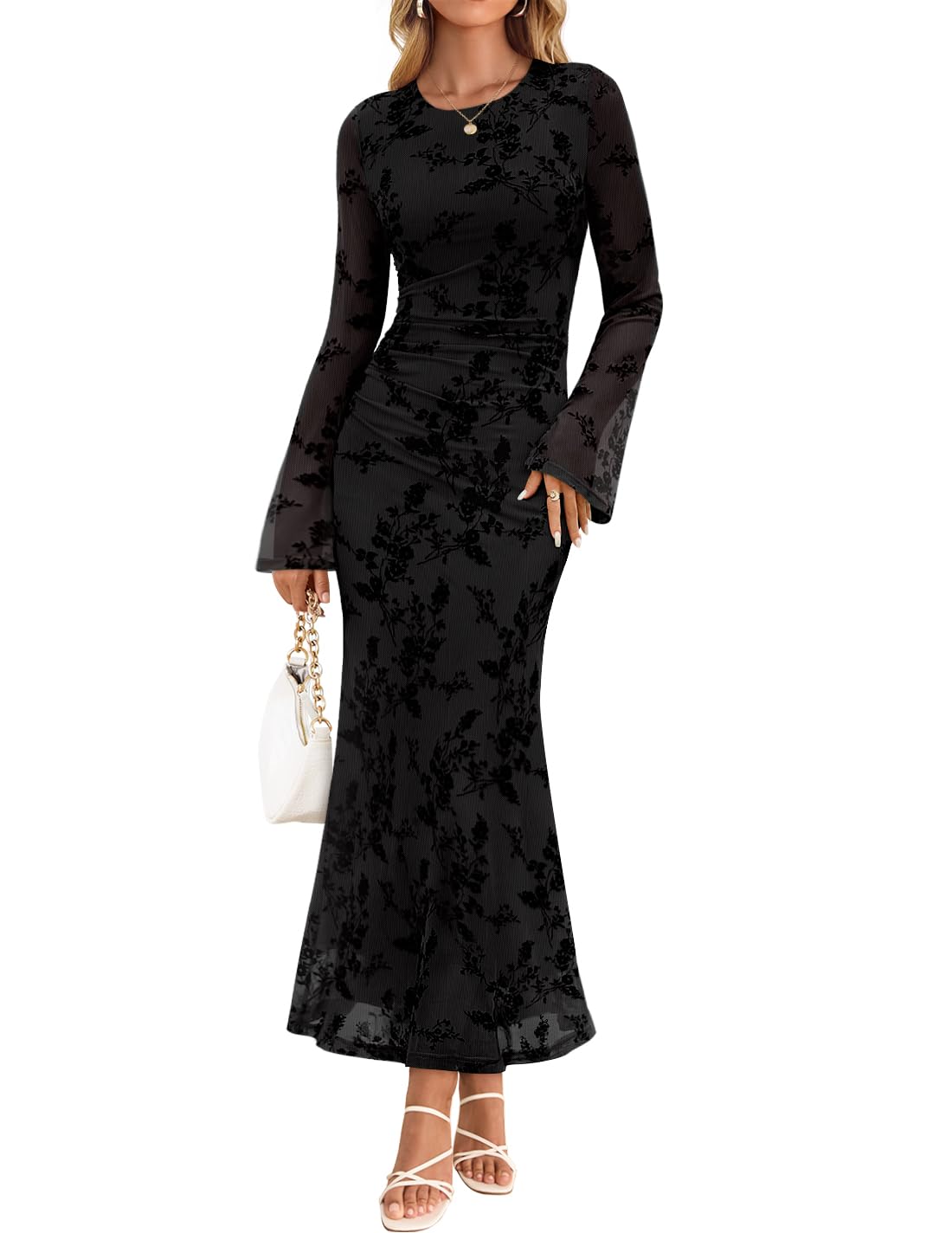 ZESICA Women's Long Sleeve Floral Bodycon Dress 2026 Spring Fall Ruched Mesh Wedding Guest Cocktail Party Maxi Dresses