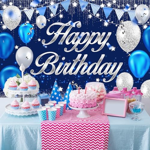 Image of Happy Birthday Banner - Birthday Decorations for Men Women Boys Girls Blue Sliver Birthday Party Banners Welcome Happy Birthday Background Sign Theme Party Decorations Indoor Outdoor