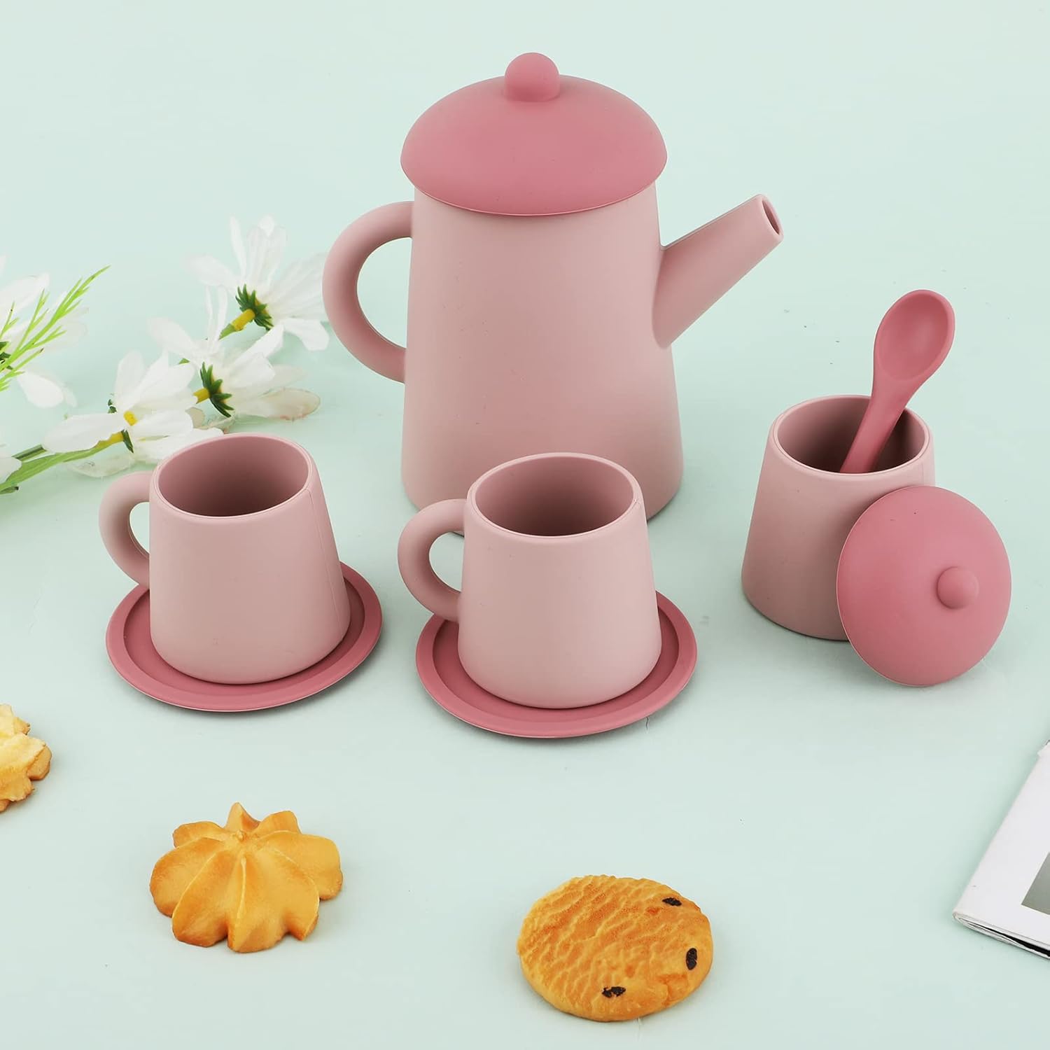 Silicone Tea Party Set, BPA Free Cute Toddler Party Bath Toy Set for Kids Pretend Play for Little Girls Kitchen Accessories (Pink)