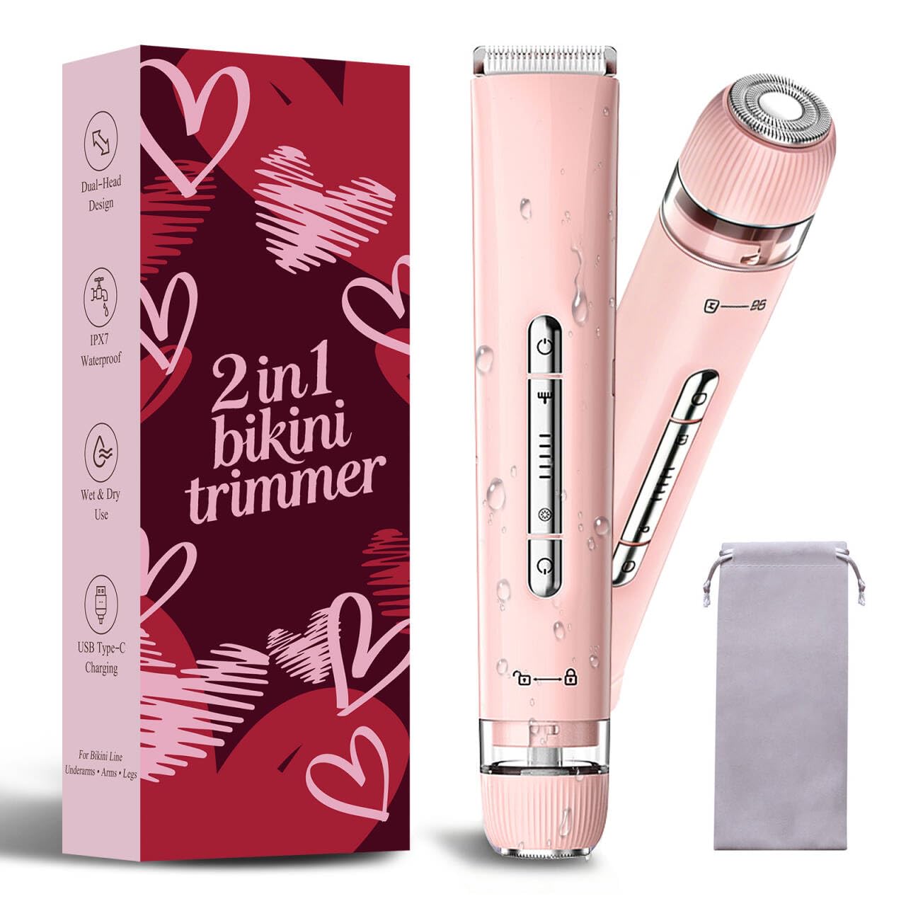 Rasoio elettrico impermeabile 2 in 1 per bikini, da donna, rosa cipria | Design a doppia testa per viso e corpo, uso bagnato/asciutto, rasatura indolore e struttura senza fili per risultati lisci e