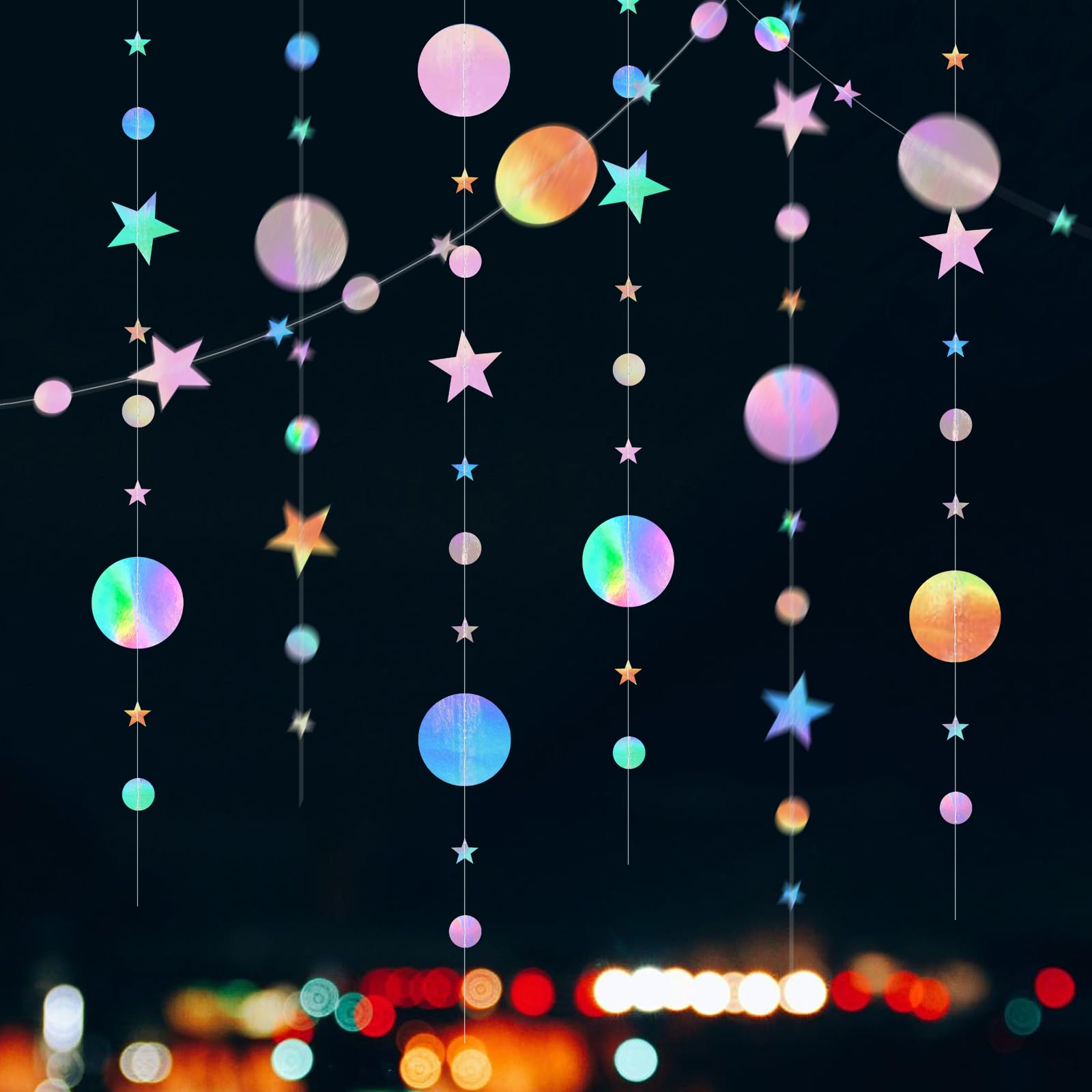52Ft Reflective Star Dots Garland, Sparkling Circle Bunting Banner Hanging Paper Decoration, Iridescent Glitter Stars Circle for Birthday Wedding Baby Shower Anniversary Holiday Party Decor (Star Dot)
