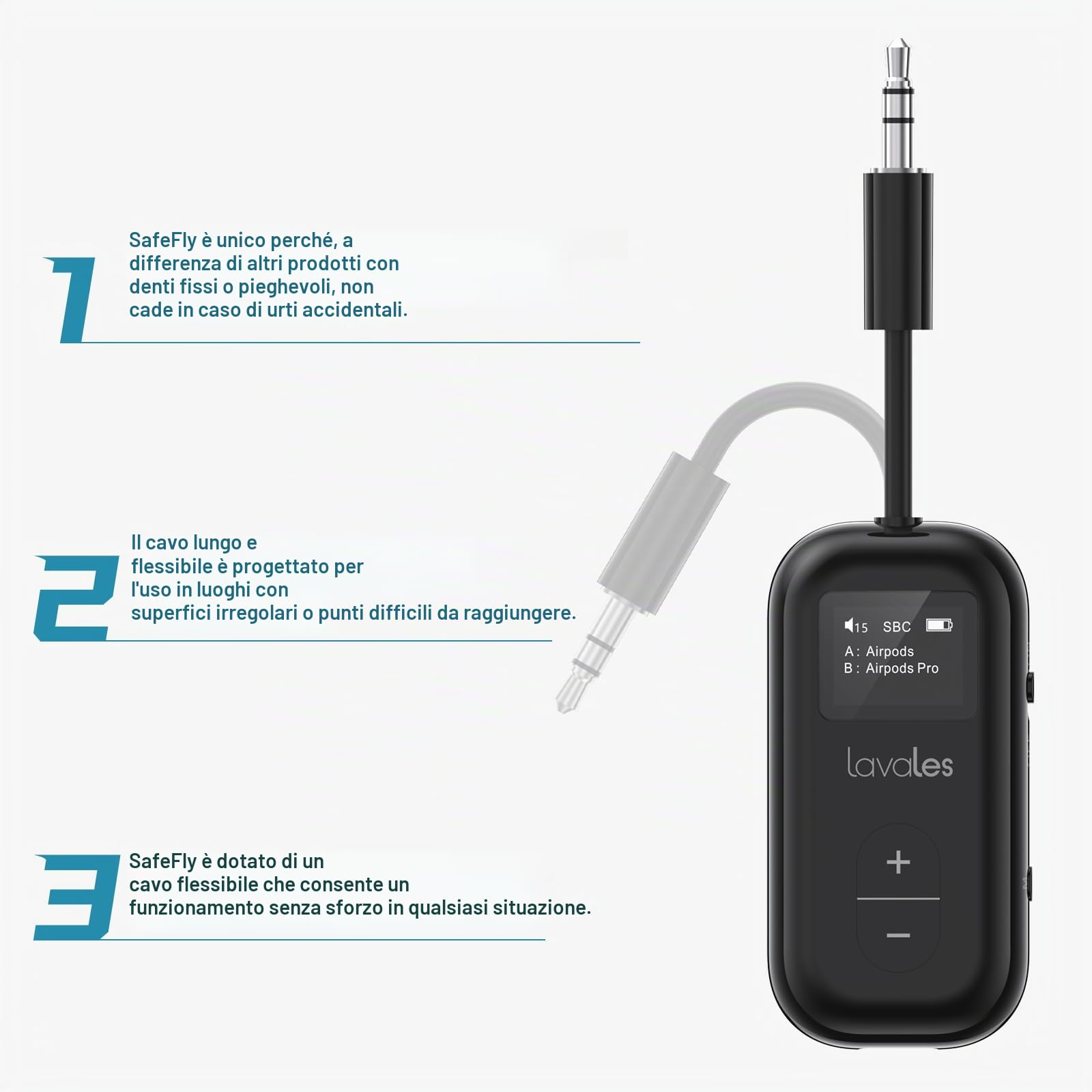 Trasmettitore Bluetooth 5.3 per Airpods/cuffie, adattatore aptX Low Latency/Adaptive, 25 ore di riproduzione, splitter audio AUX 3,5 mm