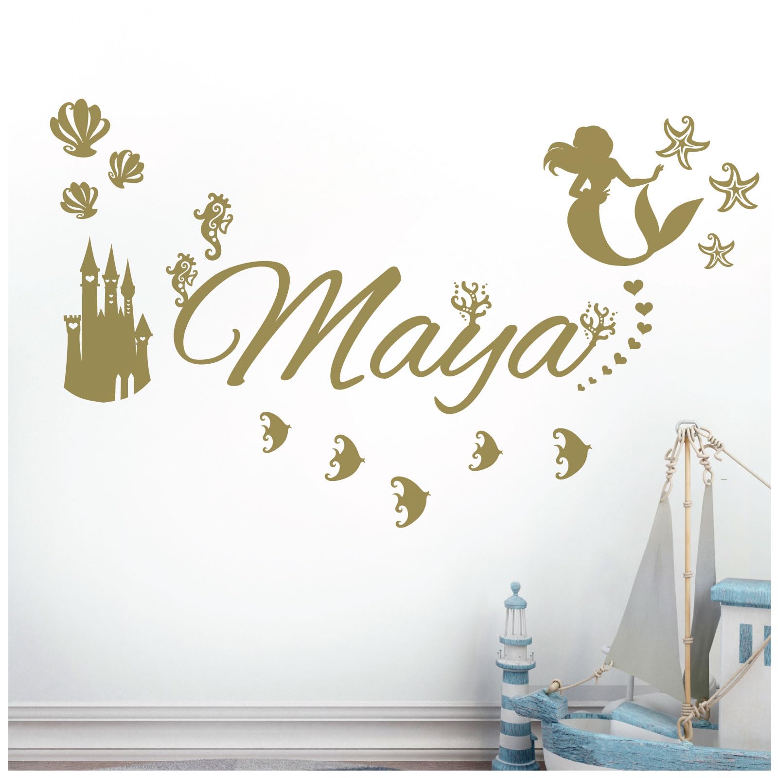 Personalised Name - Little Mermaid Inspired, Ocean, Castle, Starfish - Children's Bedroom Vinyl Wall Decal Sticker [Medium] [Gold]