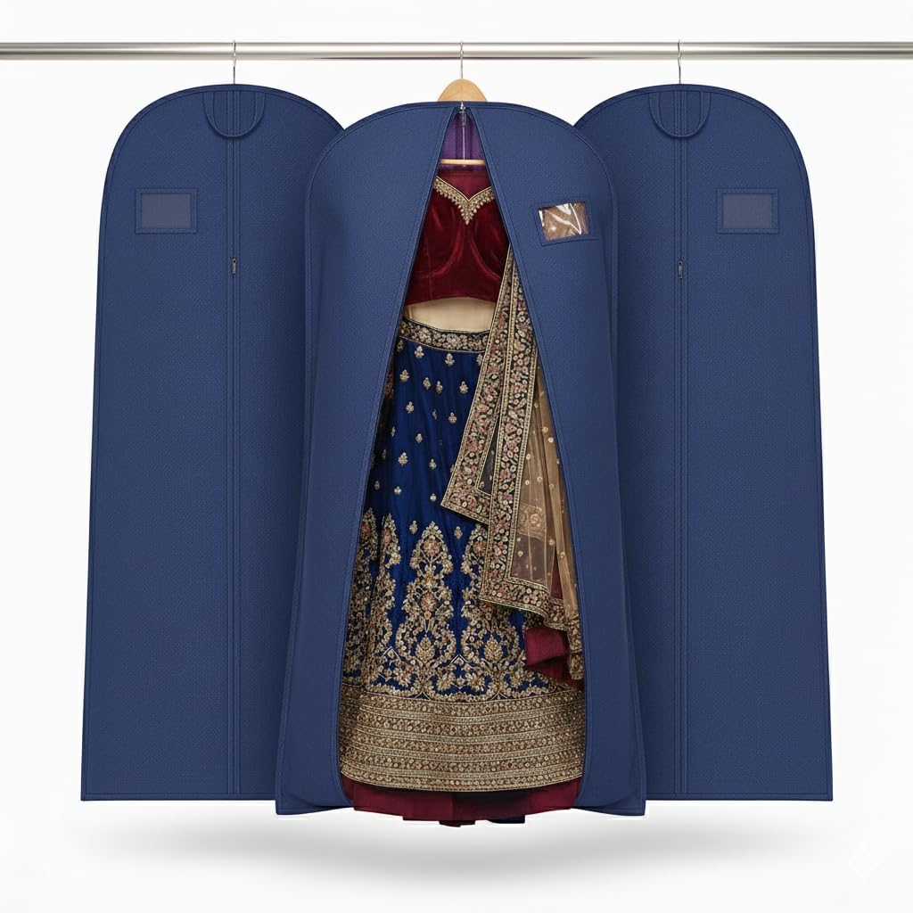 Global Trade Wedding Lehenga Storage Bags -72′ Gusseted Long Gown Garment Hanging Clothes Cover for Travel & Protection | Zipped Non-Woven Fabric for Bridal, Gowns & Long Dresses, Pack of 3, Navy Blue