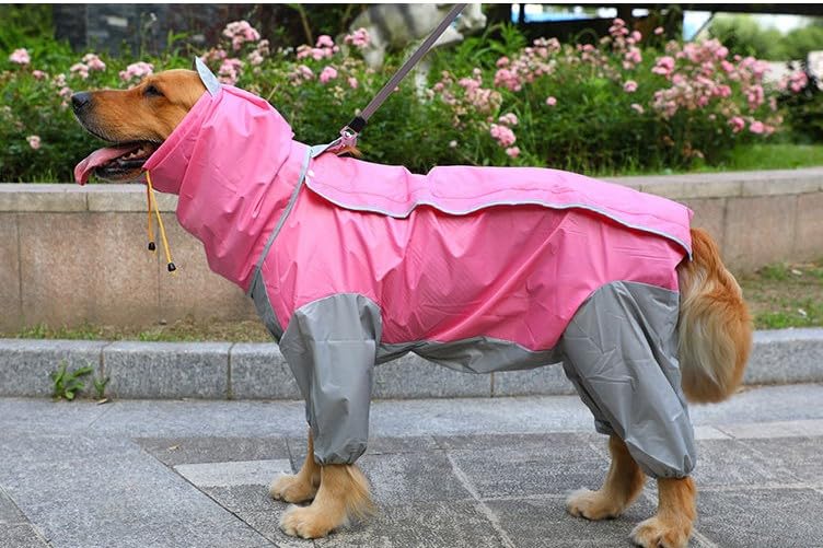 Bhumi Enterprises Dog Raincoats Jumpsuit Rain Snow Coats Waterproof Clothing 4 Four Legs Raincoat Full-Cover Dogs Hooded Poncho(Pink-Grey) (16) 2