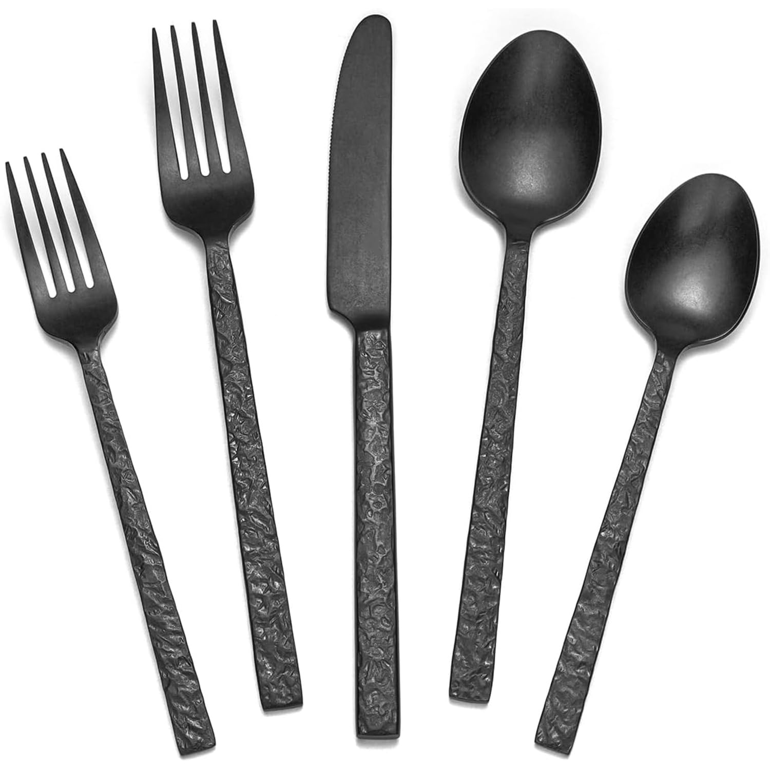 HIKAA 30-Teiliges Besteck Schwarz Matt, Besteck Set 6 Personen, Gehämmert Essbesteck aus 18/10 Edelstahl Besteck, Cutlery Set für zu Hause und Restaurants, Spülmaschinenfest
