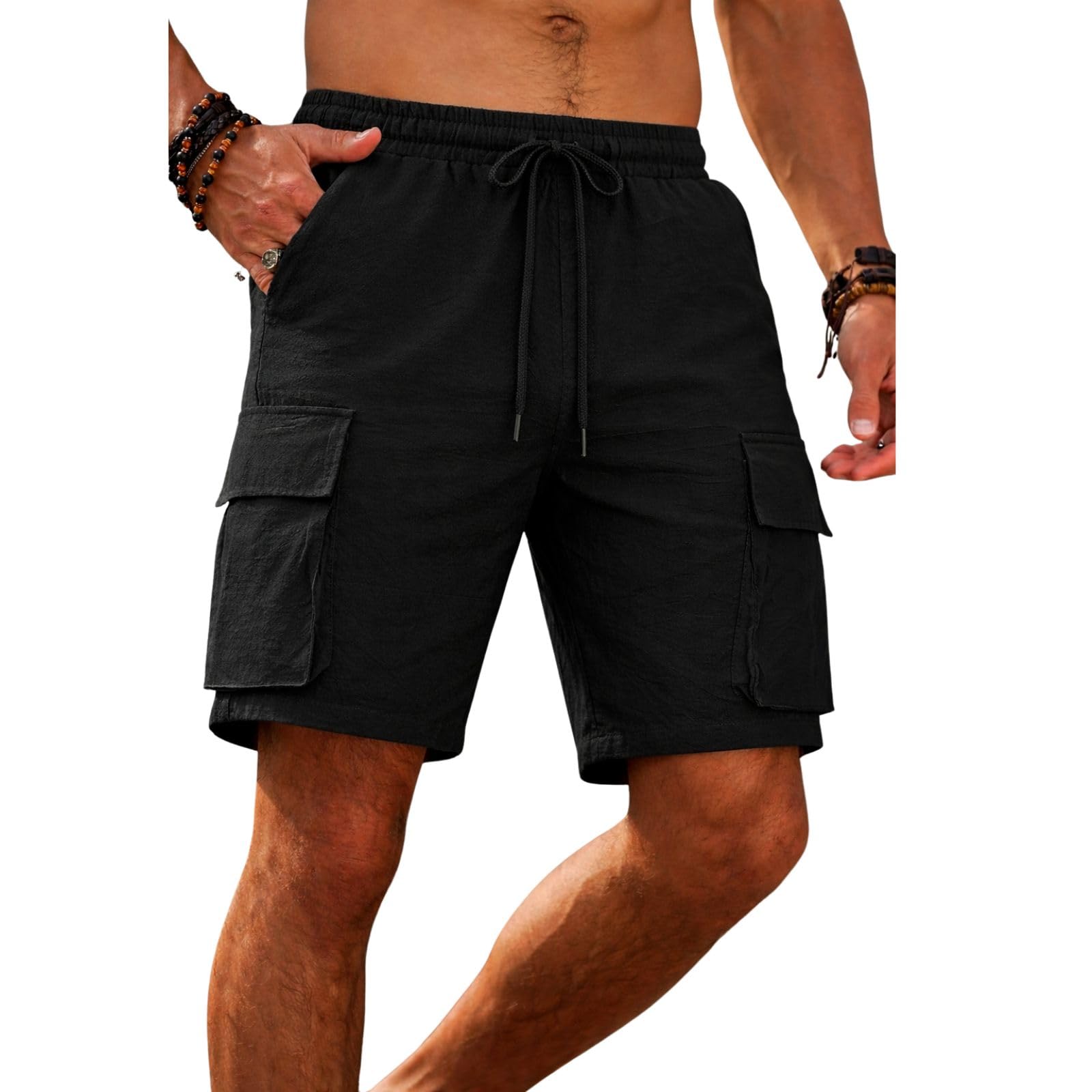 classy fashion Men’s Poly Linen Cargo Shorts | Elastic Waist Drawstring Casual Shorts-picture-3