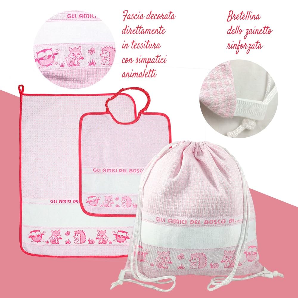 Bubabù SET ASILO PERSONALIZZATO BOSCO composto da 3 pezzi: bavaglino spugna con elastico cm.28x33, asciugamano cm.40x55, zainetto con fascia PERSONALIZZATI Cotone 100% Made in Italy