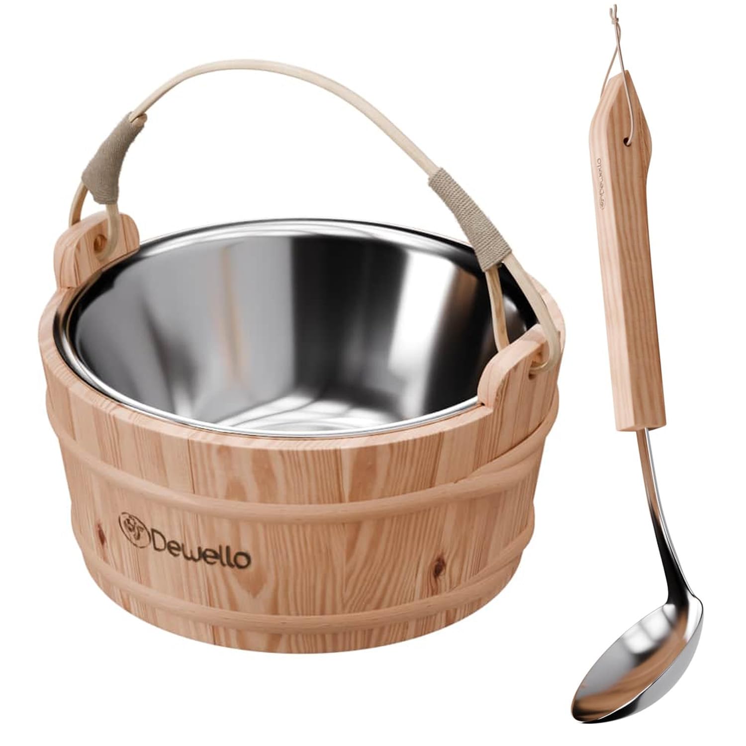Dewello® Saunaeimer inkl. Kelle mit Edelstahleinsatz, Fassungsvermögen ca. 3 Liter, Hemlock-Holz, Bambusstreben | Das Saunazubehör für Zuhause