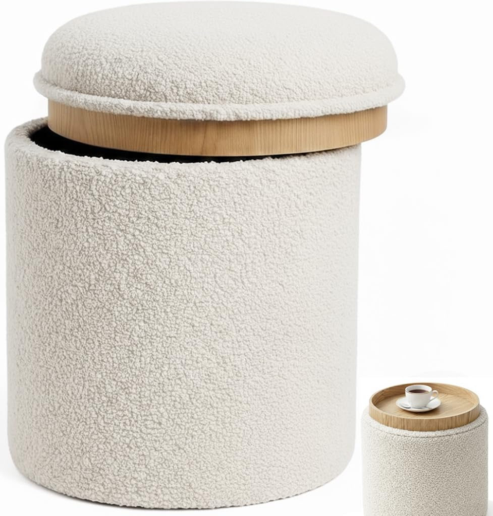 ️ Reposapies Salon - Puff Almacenaje con Mesa de Madera reversible Tela Suave, Baul Almacenaje, Reposapies Sofa, Taburete almacenaje, Banco almacenaje, Banco almacenaje asiento, Ø34x38 (Blanco)