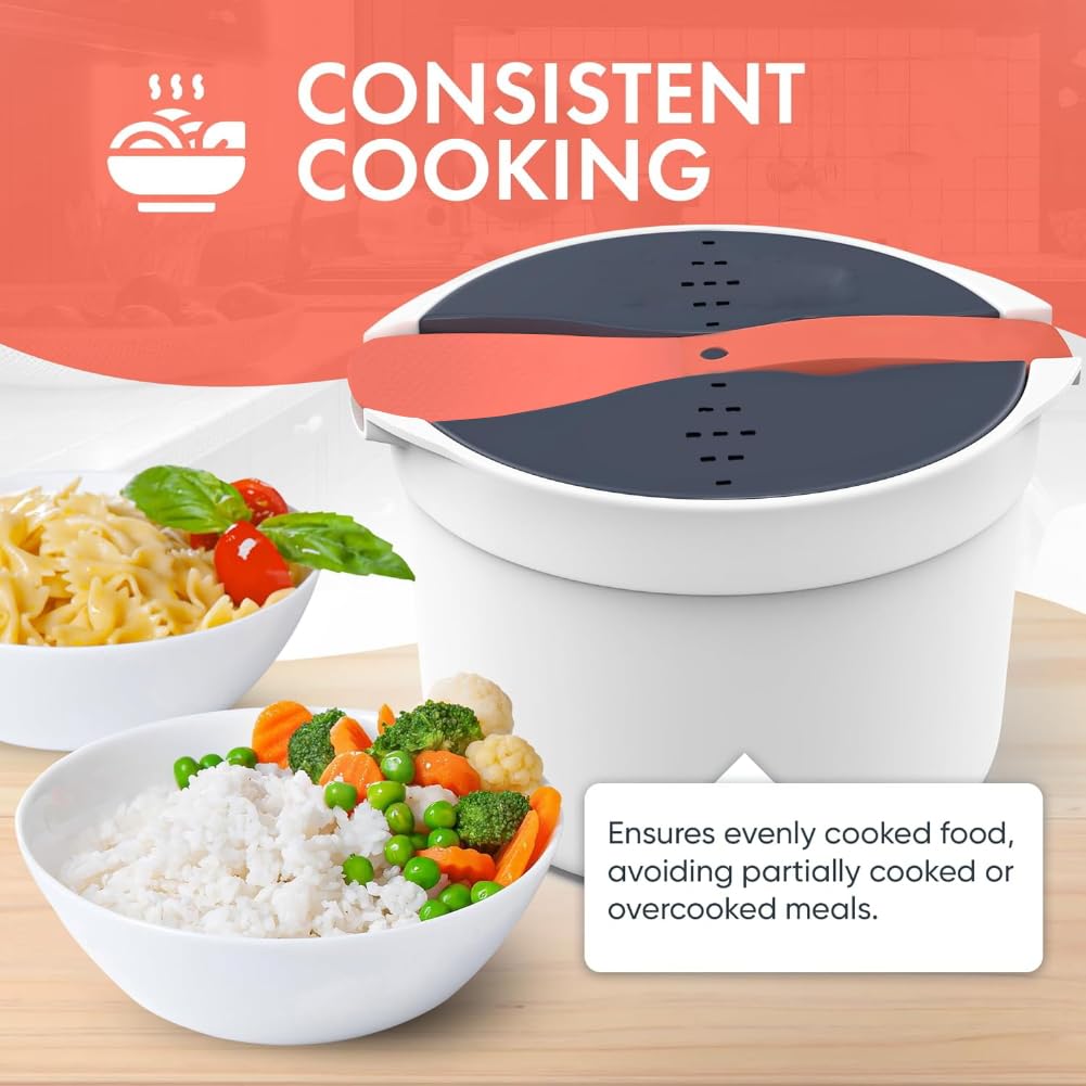 Cocedor de arroz para microondas, olla para pasta con colador, juego de utensilios de cocina para microondas de 2 L para arroz, pasta, verduras, quinua, avena, ramen antiadherente (naranja) 3