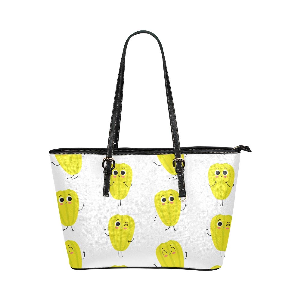 Carambola Cartoon Star Fruit Large Soft Leather Portable Top Handle Hand Totes Bags Causal Handbags With Zipper Shoulder Shopping Purse Luggage Organizer For Lady Girls Womens Work