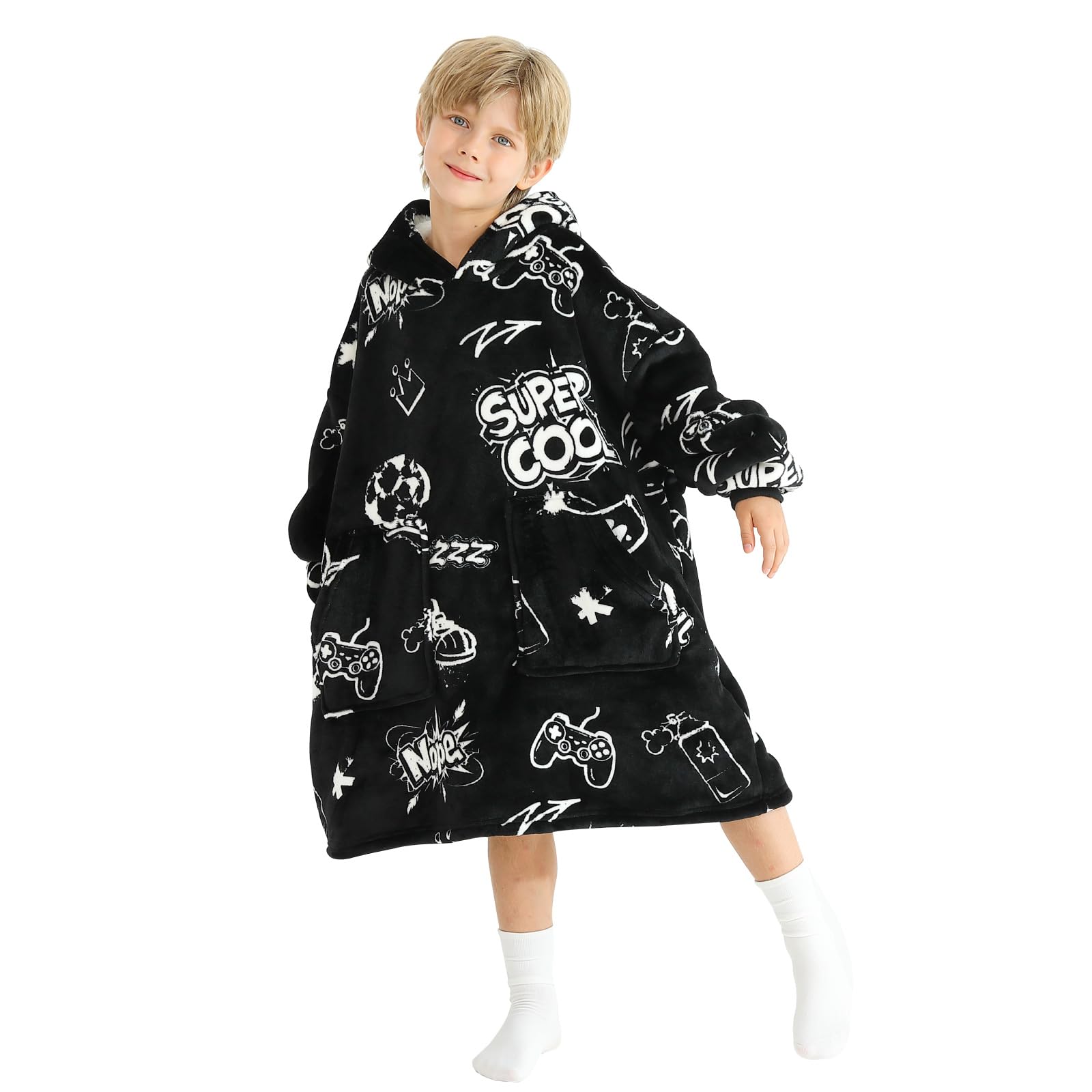 Aemicion Kids Wearable Blanket Hoodie-Boys Fleece Hooded Blanket with Pockets, Oversized Sherpa-Lined Wearable Blanket for Kid 6-12, Birthday