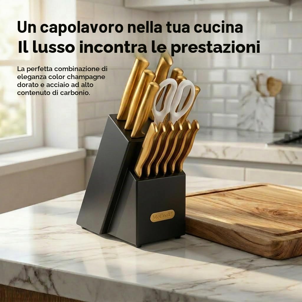McCook® Set di coltelli da cucina in acciaio inossidabile al titanio dorato con affilacoltelli integrato