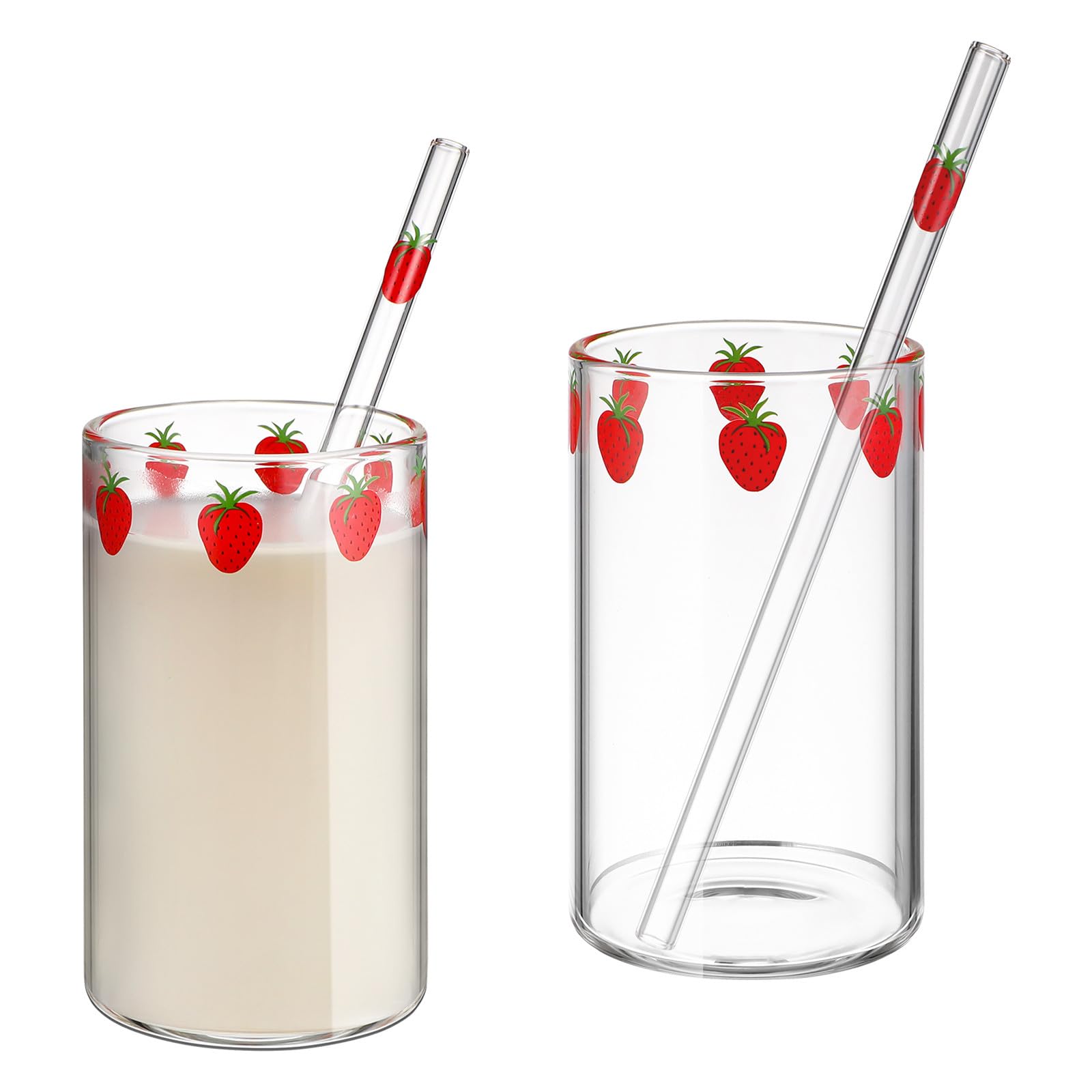 Didiseaon Drinking Glasses Strawberry Cups: 2 Sets Strawberry Glass with Straw 10. 56oz Water 300ml Transparent Milk and Juice Glassware Tumblers for Home Office and Parties