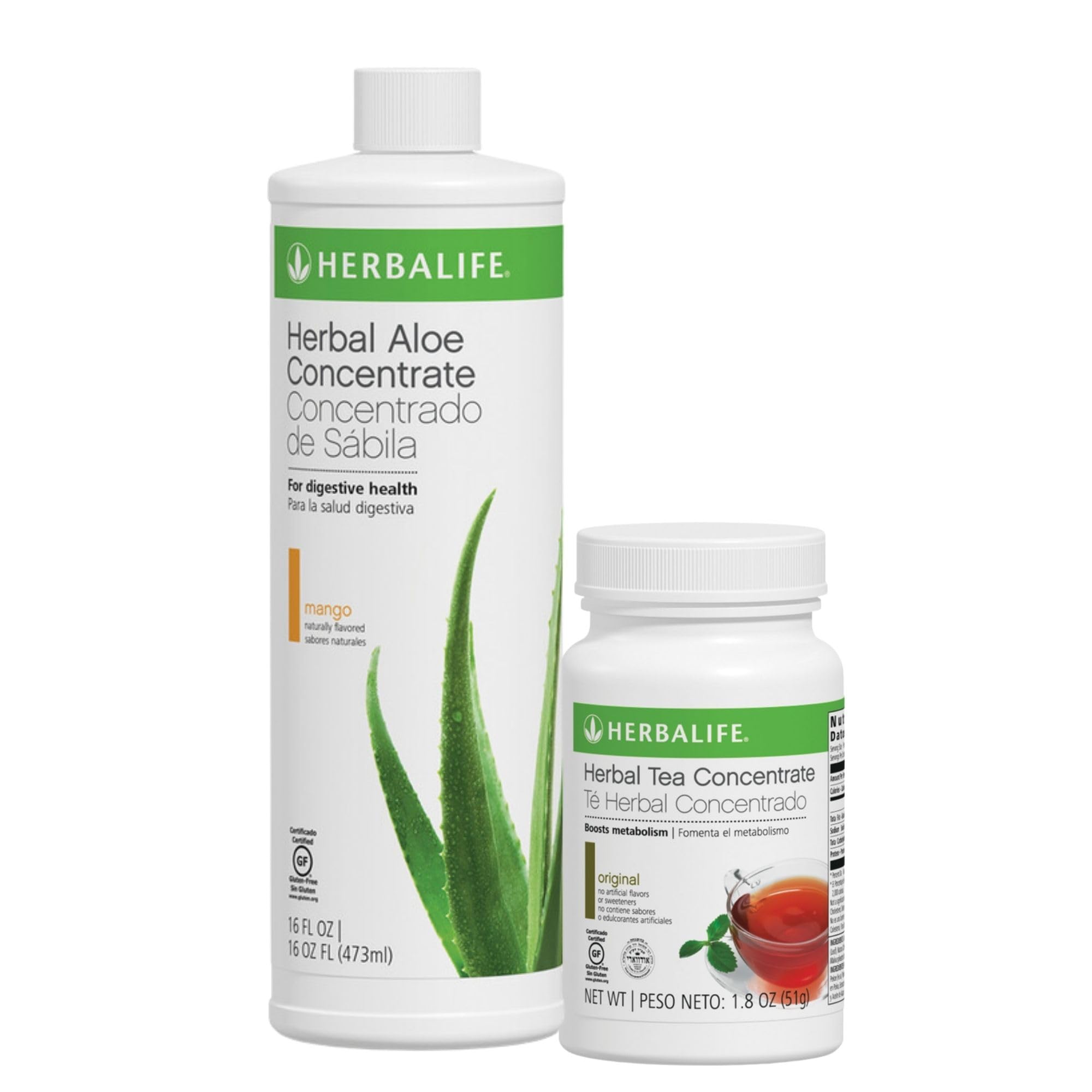 Herbalife Duo Pack Herbal Aloe Concentrate Pint: Mango Flavor 16 FL Oz (473 ml) with Herbal Tea Concentrate: (Choose Your Flavor) 1.8 Oz, Gluten-Free, 0 Calories, 0 Sugar, Naturally Flavored