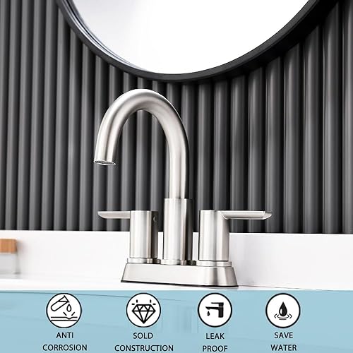 Miniatura 4 de BF017L - Grifo para lavabo de baño, níquel cepillado, dos asas, grifo de baño de 4 pulgadas, 3 agujeros con drenaje desplegable y 2 líneas de