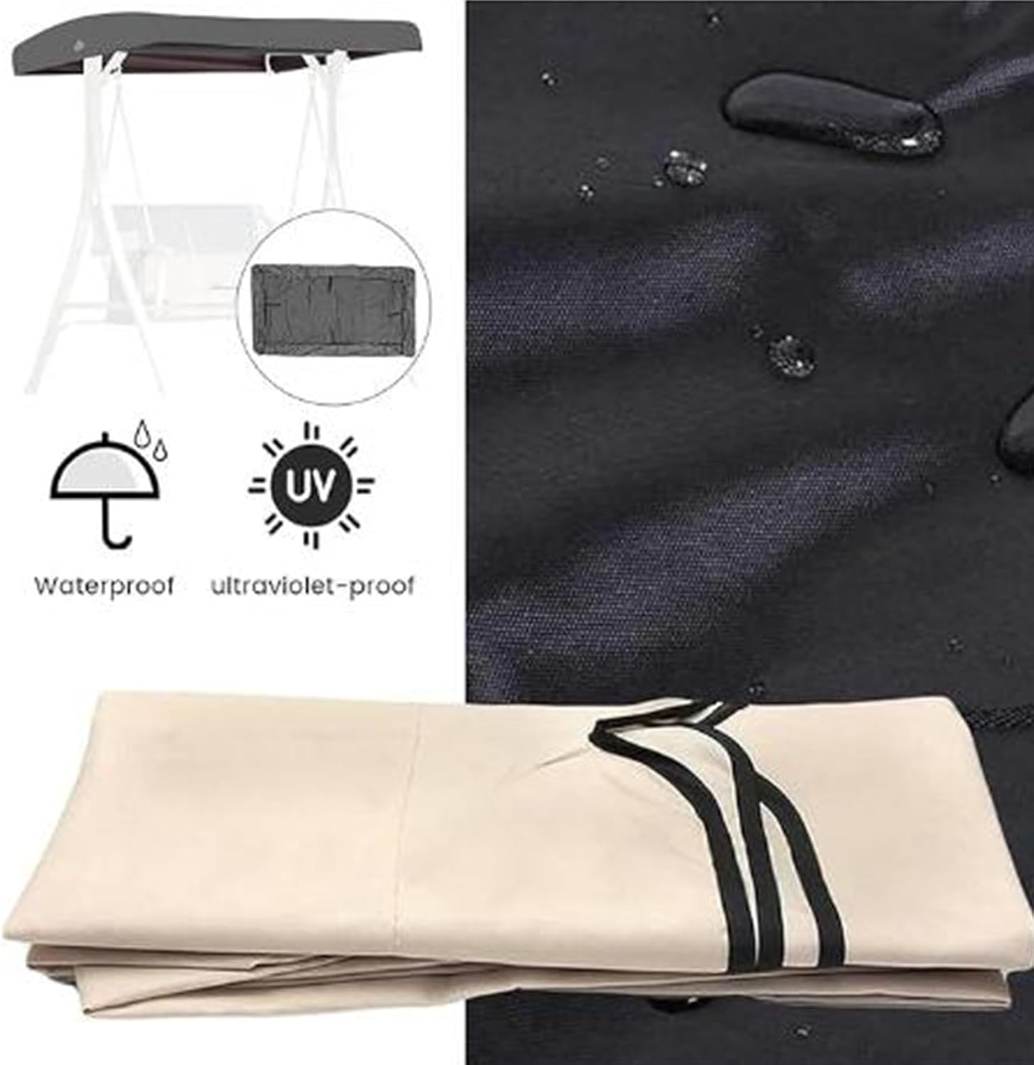 Swing Replacement Cover for Outdoor, Replacement Canopy for 2 3 Seater Swing, Sun Protection, Waterproof, for Garden Patio Yard Park Porch Seat Furniture(Black)