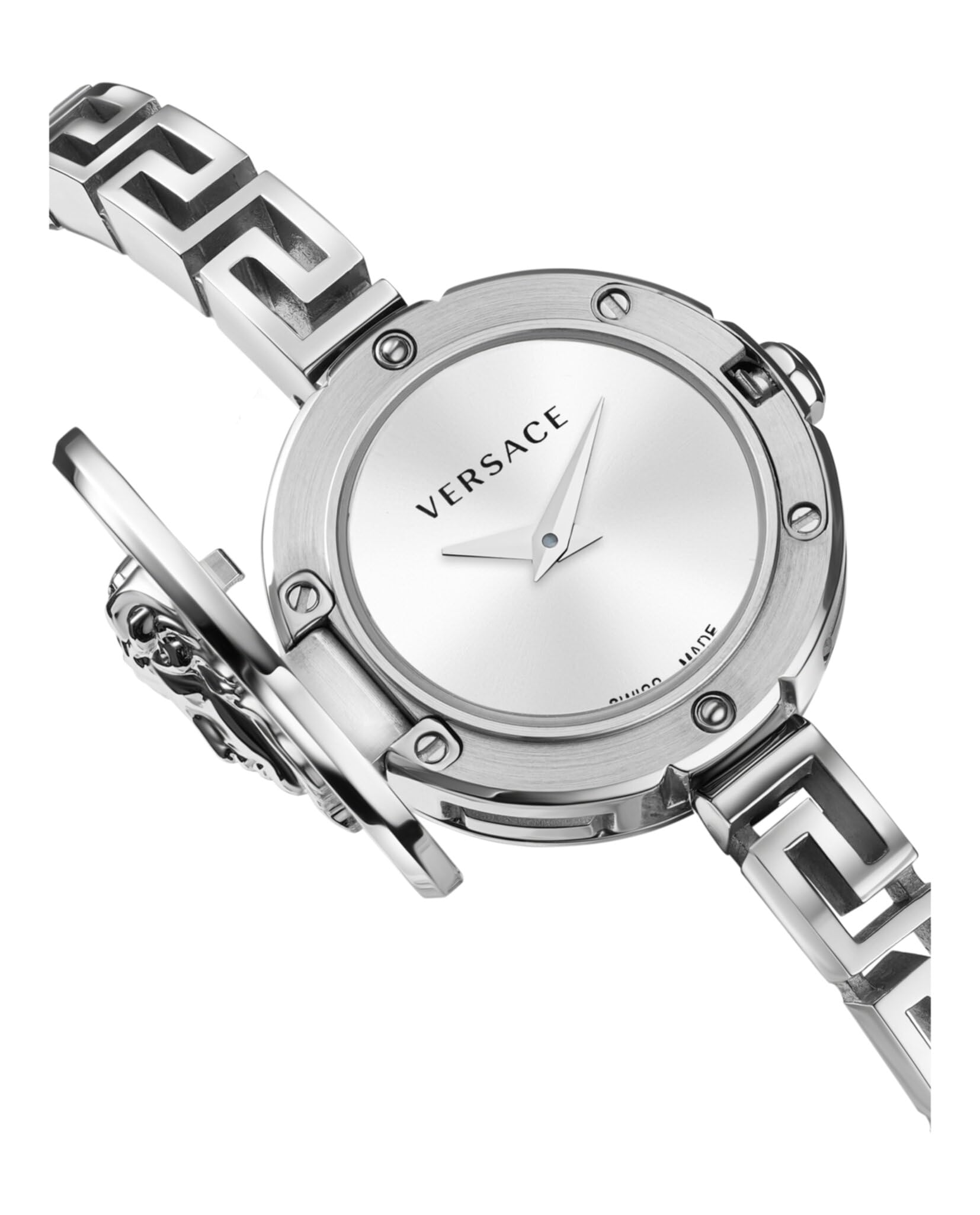 Versace Medusa Secret - Orologio da donna svizzero, di lusso, con quadrante a raggi solari argentati, cassa in acciaio inossidabile da 25 mm, bracciale Greca, chiusura con gioielli, 3 ATM