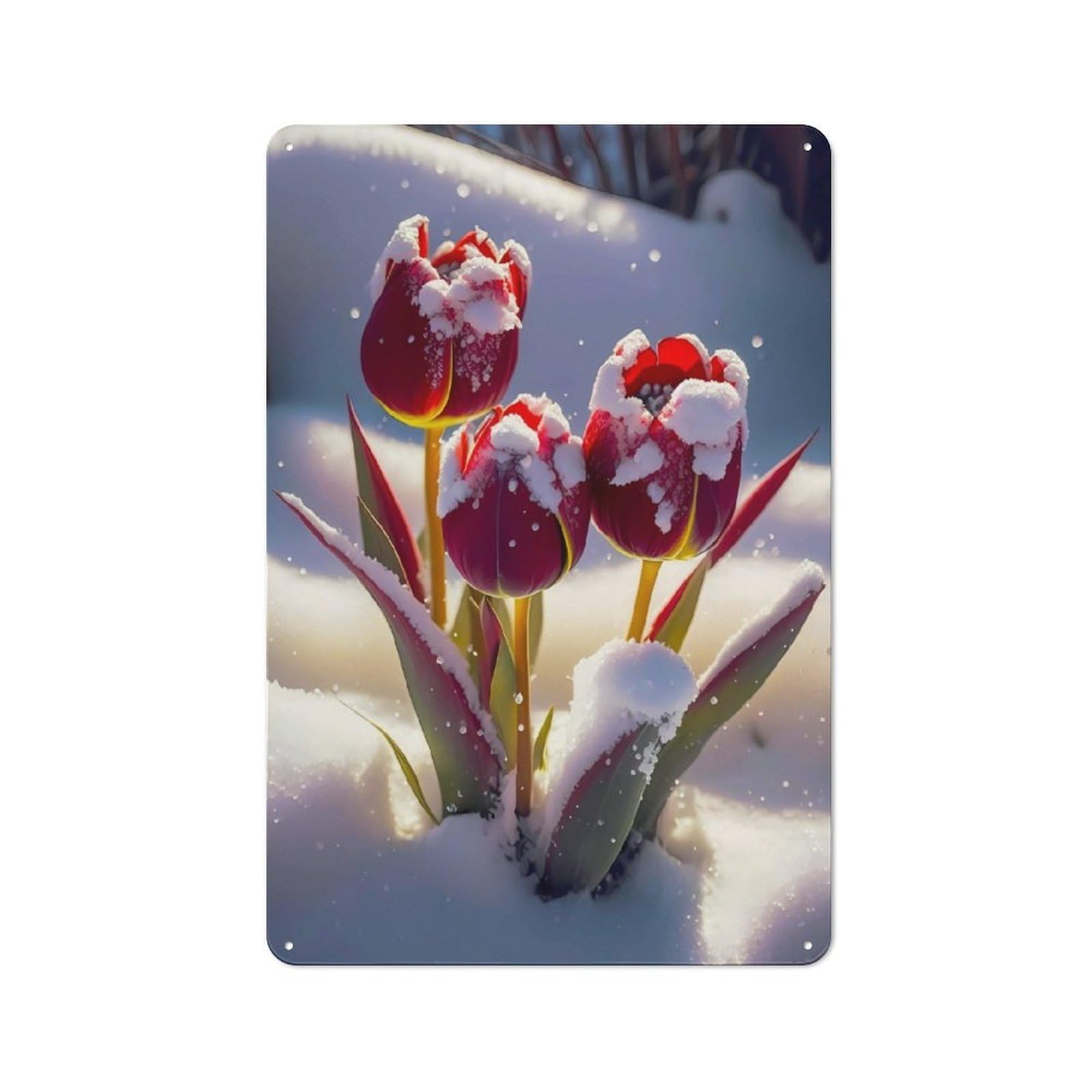 Junmoney Red Tulips Flowers In Snow Rustic Metal Sign 30X20cm For Hallway Wall, For Collectors Of Rustic Metal Wall Decor