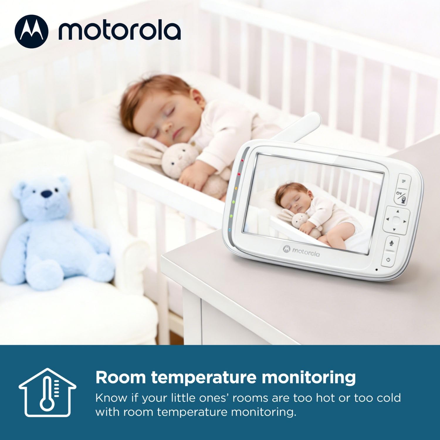 Motorola Nursery VM75 Cámara Vigilancia de Bebé - Vigilabebés con Unidad de Padres de 5 Pulgadas, Visión Nocturna Infrarroja, Zoom Digital, Comunicación Bidireccional y Canciones de Cuna