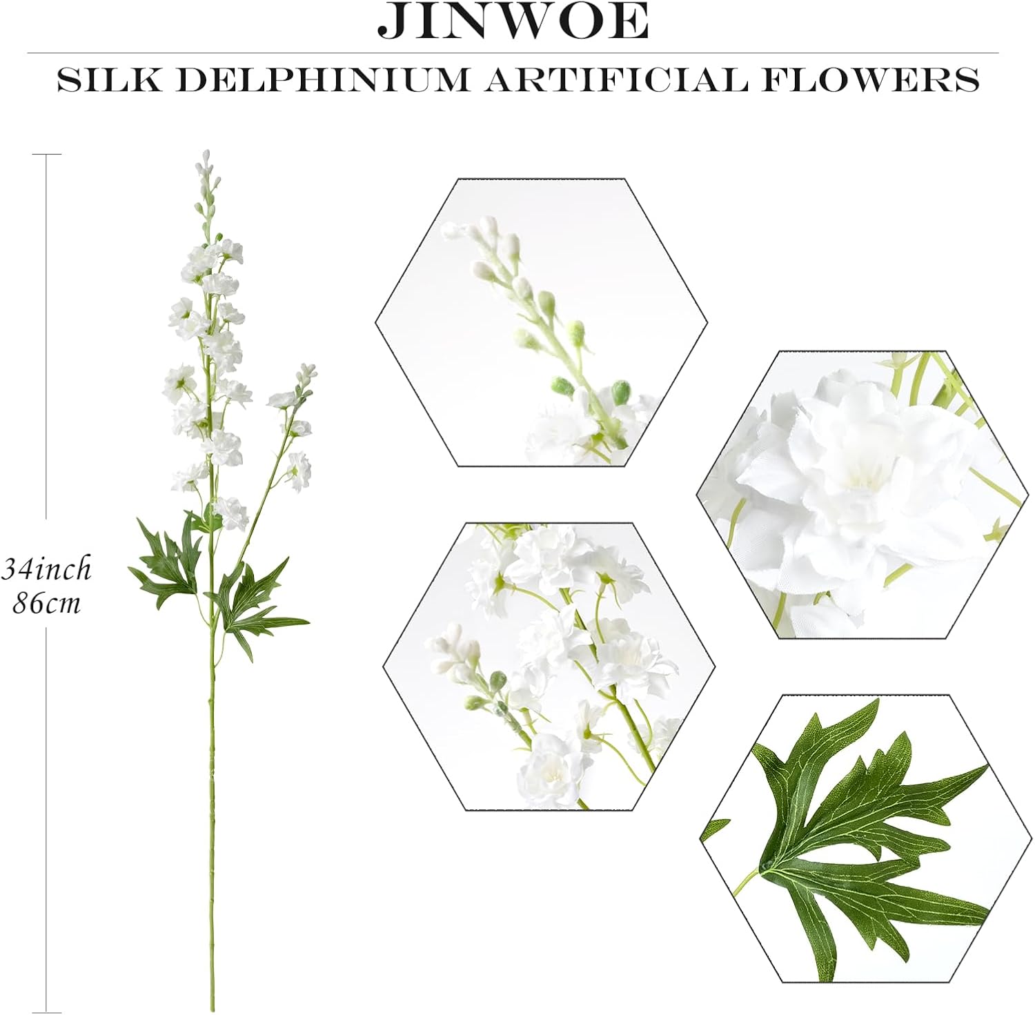 JINWOE 4Pcs White Delphinium Artificial Flowers for Outdoors, 34''Long Stem Faux Silk Delphinium Flowers, Lifelike Real Touch Fake Flowers for Tall Vase Home Wedding Office Decor