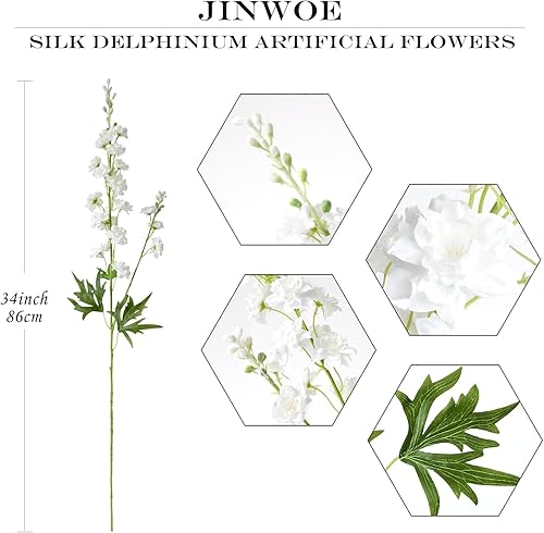 Miniatura 6 de 4 flores artificiales de delphinium blancas para exteriores, flores de delphinium de seda sintética de tallo largo de 34 pulgadas, flores falsas
