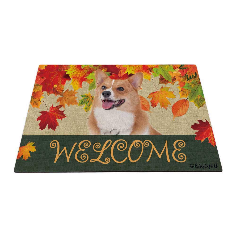 BAGEYOU Welcome Fall with My Favorite Dog Corgi Outdoor Doormat Maple Leaf Harvest Season Rustic Decor Porch Rugs Floor Mat 35.4" x 23.6"
