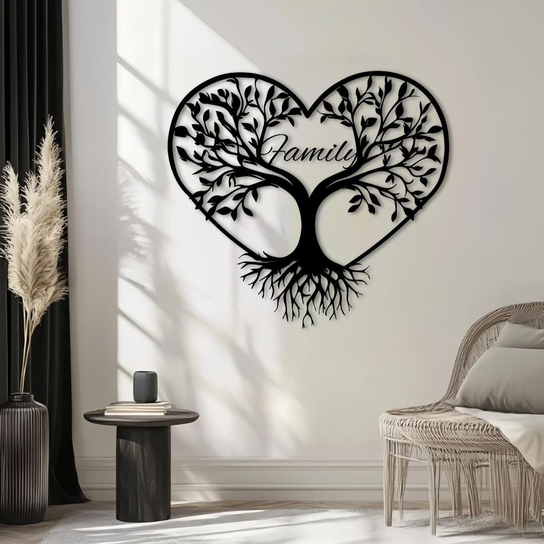 Árbol genealógico de Metal para Pared, decoración de Pared con Forma de corazón, Ideal para Sala de Estar, Dormitorio y baño (Plateado, 80 x 73 cm)