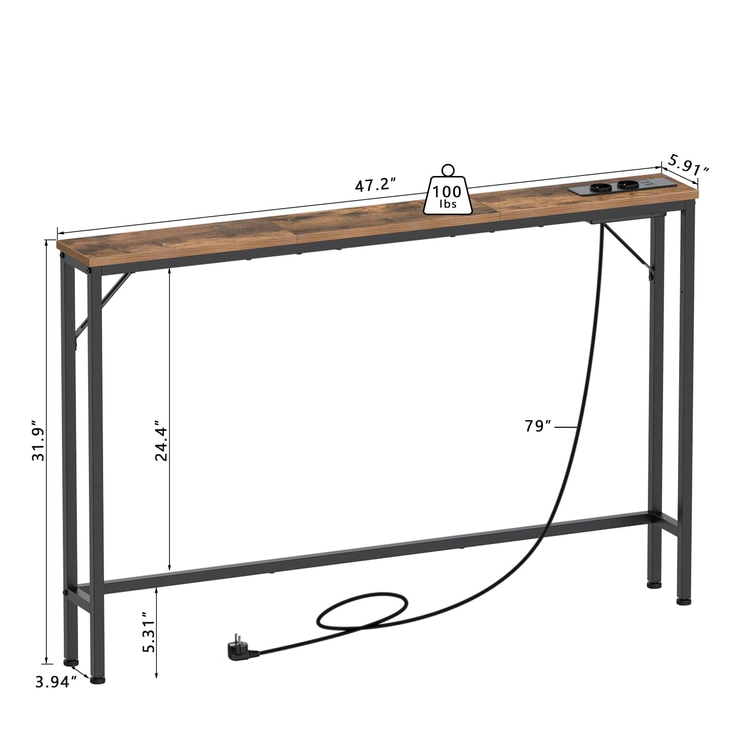 VEDECASA - Juego de 2 mesas de consola de 15 cm con toma y puertos USB, mesa auxiliar estrecha, mesa baja, para entrada, salón, pasillo, oficina, estructura de acero estable