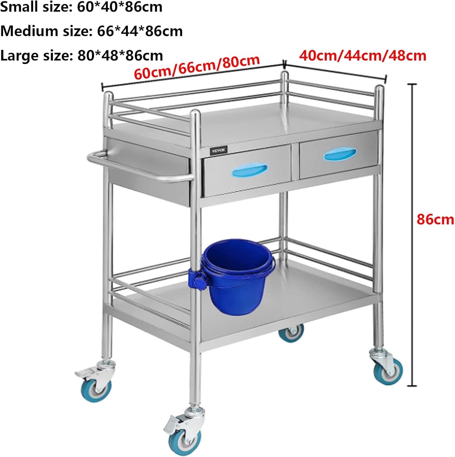 Carrito de laboratorio de acero inoxidable, carrito utilitario de 2/3 niveles con dos cajones para laboratorio, spa, salón, clínica y cocina (2 capas, 66 x 44 x 86 cm)