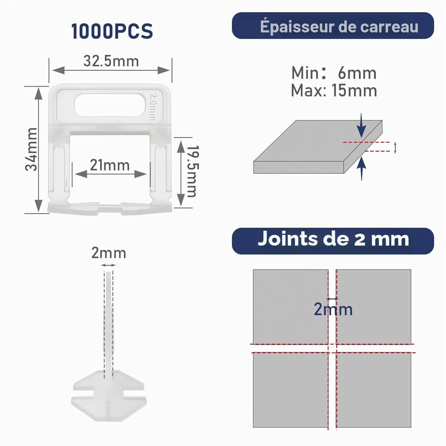 1000 Pièces Croisillon Carrelage Autonivelant Kit Système de Nivellement de Carrelage de 2mm Carrelage Croisillon Autonivelant pour Carrelage Carrelage Sol Carreaux de Mur