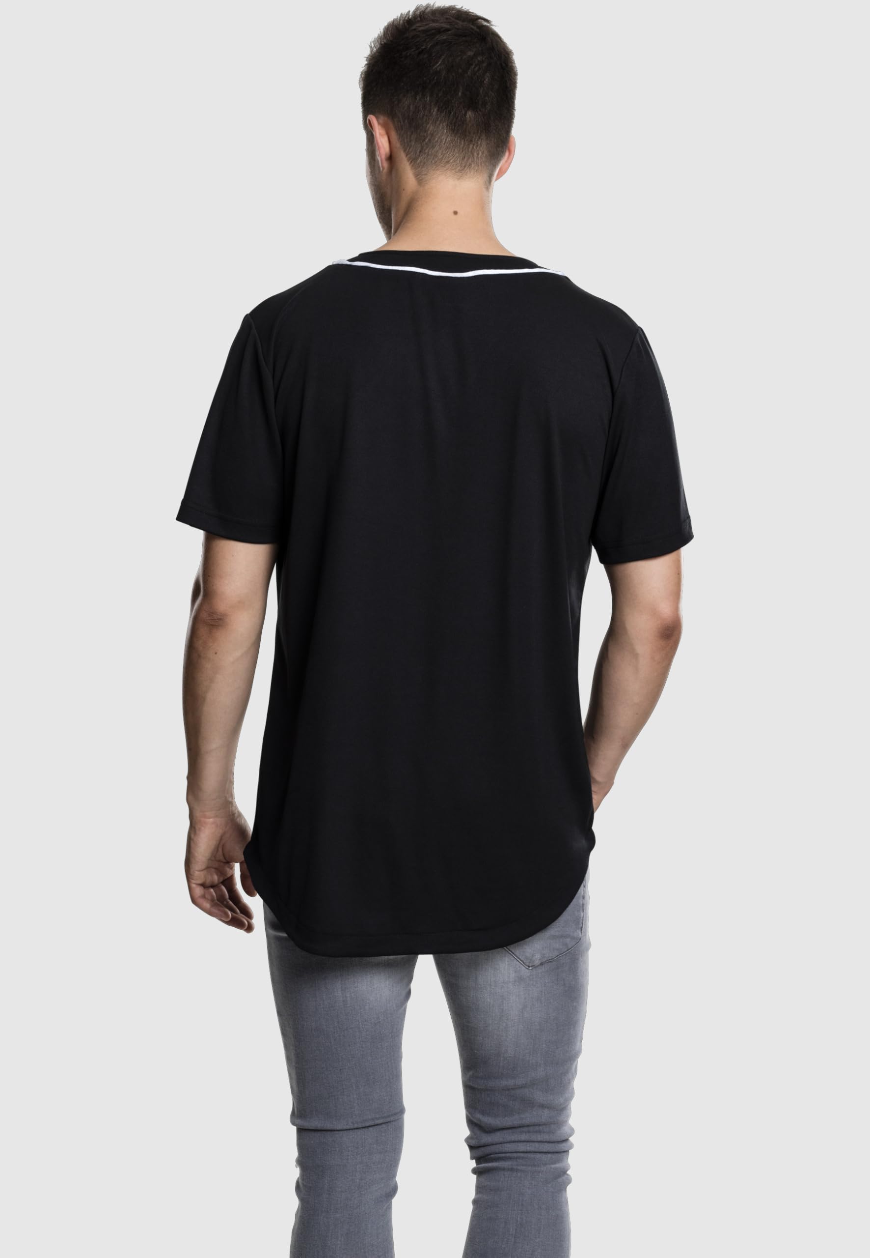 Urban Classics Koszula sportowa na co dzień, T-shirt w paski z krótkim rękawem z guzikami, dekolt w kształcie litery V, standardowy krój Mężczyźni Baseball Jersey
