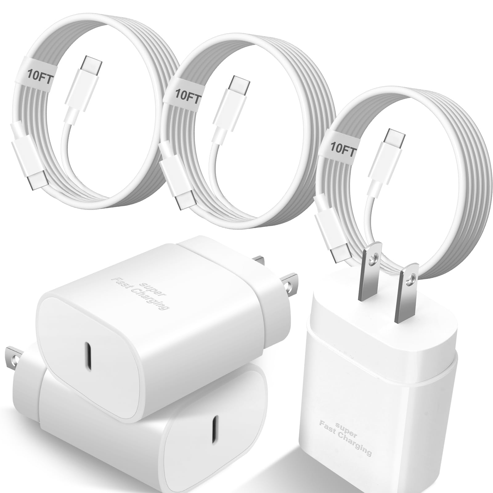 Caricabatterie USB C per Samsung, 25 W di tipo C, blocco di ricarica rapida, confezione da 3 caricabatterie per telefoni Android, 3 m, extra lungo, cavo di ricarica rapida per Galaxy S25 Ultra/S25+