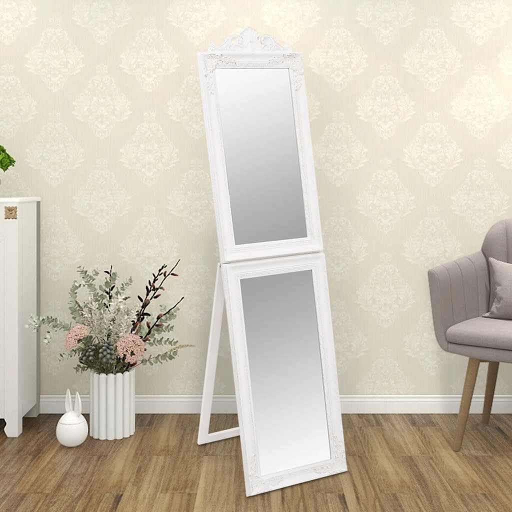 Lustro stojące białe 50 x 200 cm z drewnianą ramą, składane i stabilne, lustro na całe ciało do korytarza, sypialni, garderoby, dekoracyjny barokowy wygląd, przezroczyste lustro do kosmetyków