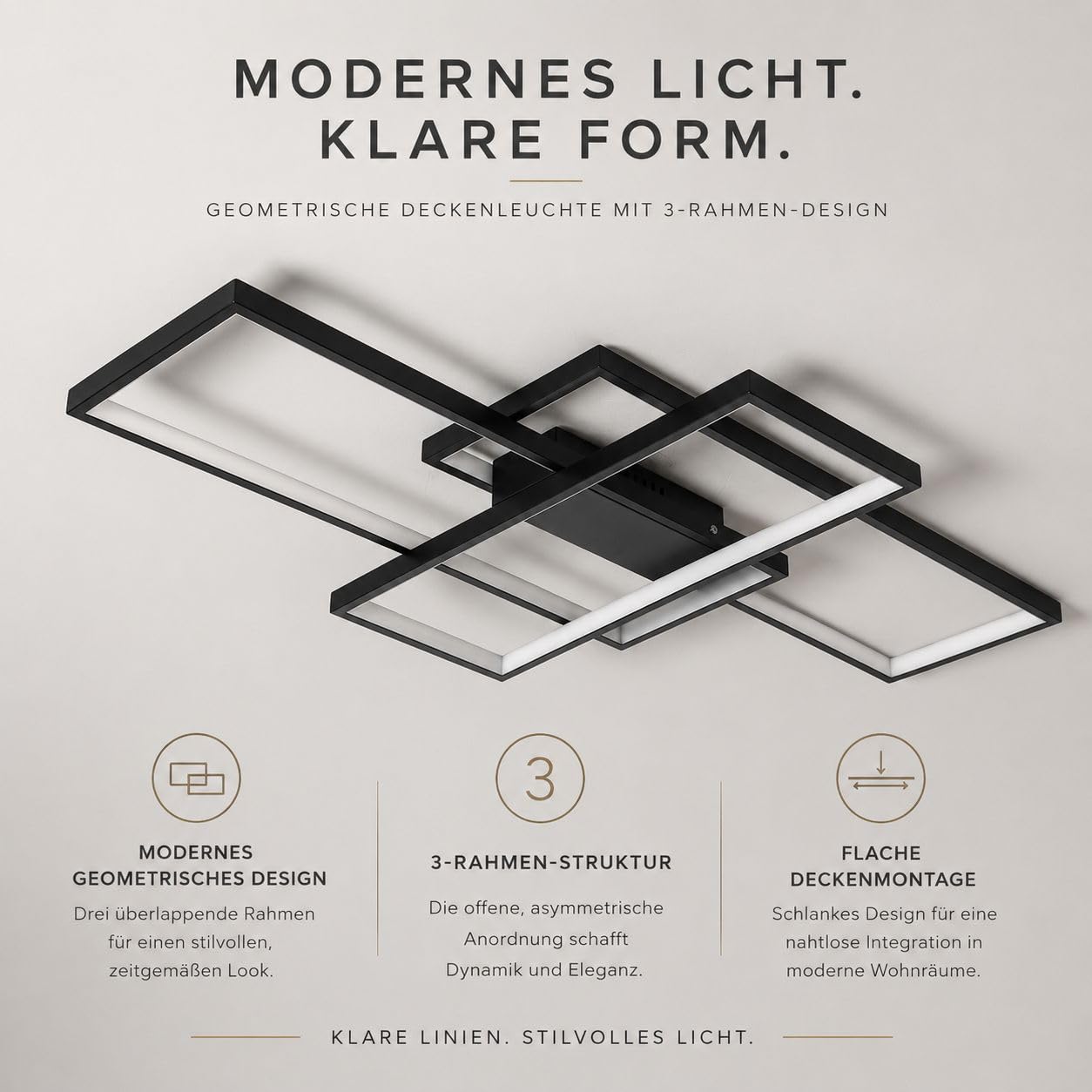 Geometrische LED Deckenleuchte, rechteckige Deckenlampe, Schwarz 80cm, 55W 5500 lm, 3000K bis 6500K, dimmbar 10 bis 100 Prozent, mit Fernbedienung, für Wohnzimmer Schlafzimmer Flur Büro, Deckenmontage