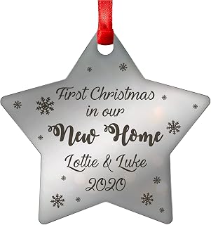 First Christmas In Our New Home PERSONALISED STAR Christmas Xmas Tree Decoration Bauble Gifts - 3mm Mirror Acrylic Christmas Tree Decorations - Xmas Gifts for New Home Housewarming 1st Home