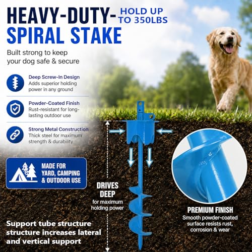 Tyalez Dog Stakes for Outside Heavy Duty Hold up to 350Lbs Large Dogs Tie Out Tether Leash Chain for Yard Screw in Ground Anchors 17inch with Buffer Rope, Blue by Tyalez - Image 4