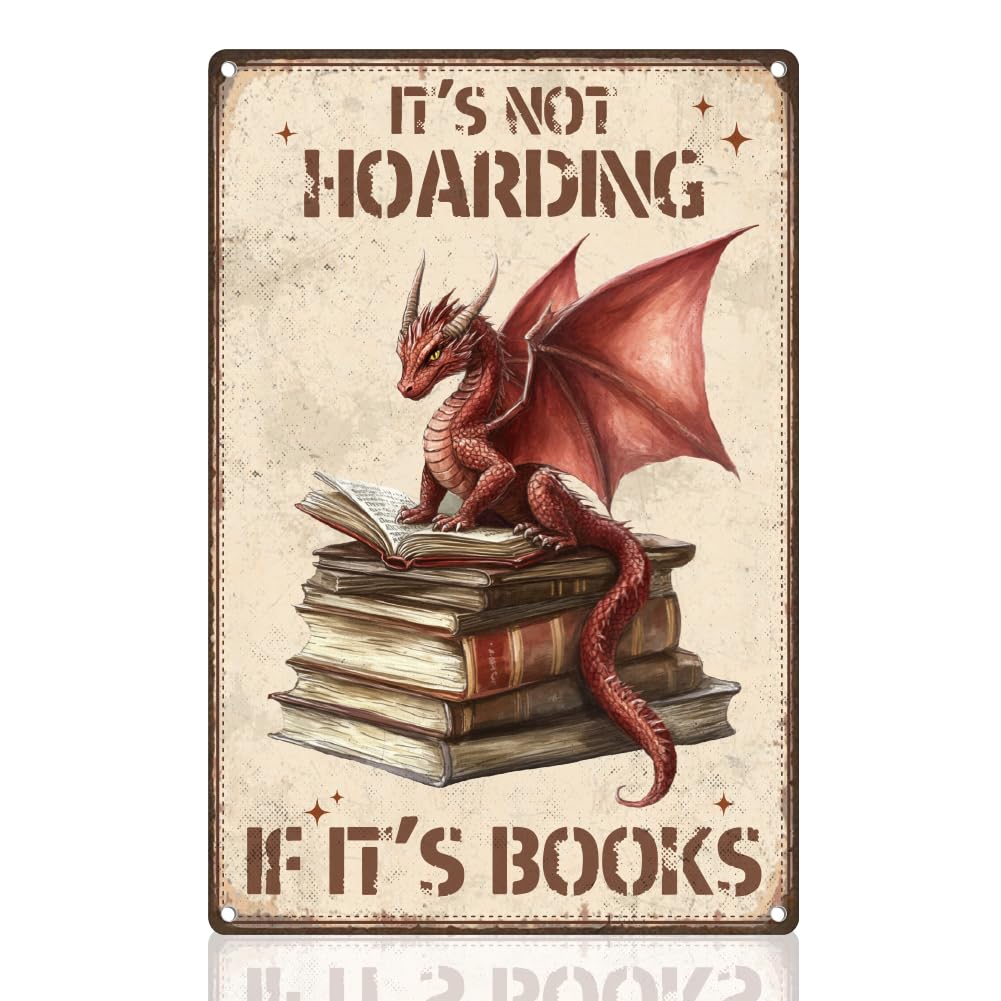 DOODLREAM Book Dragon Library Tin Sign, Vintage Metal Wall Decor