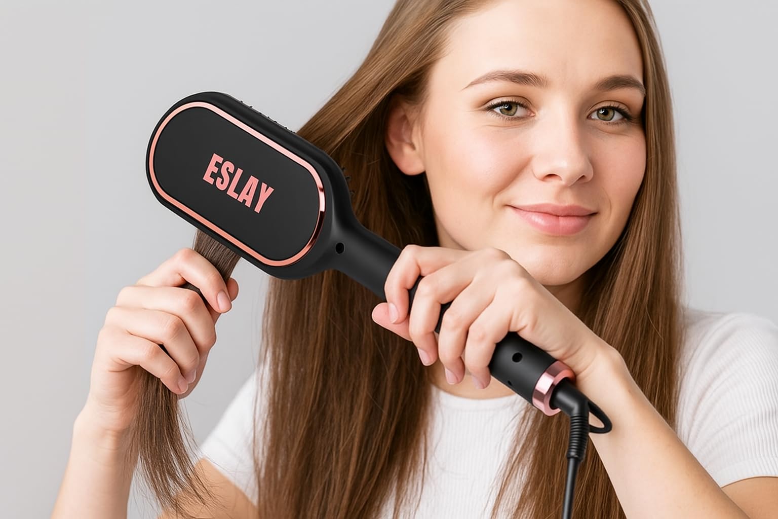 Elektrische Glättbürste 2-in-1 Eslay: Professionelle Wirkung auf alle Haartypen, Temperaturkontrolle für optimalen Schutz vor Hitze, perfekte und einfache Glättung