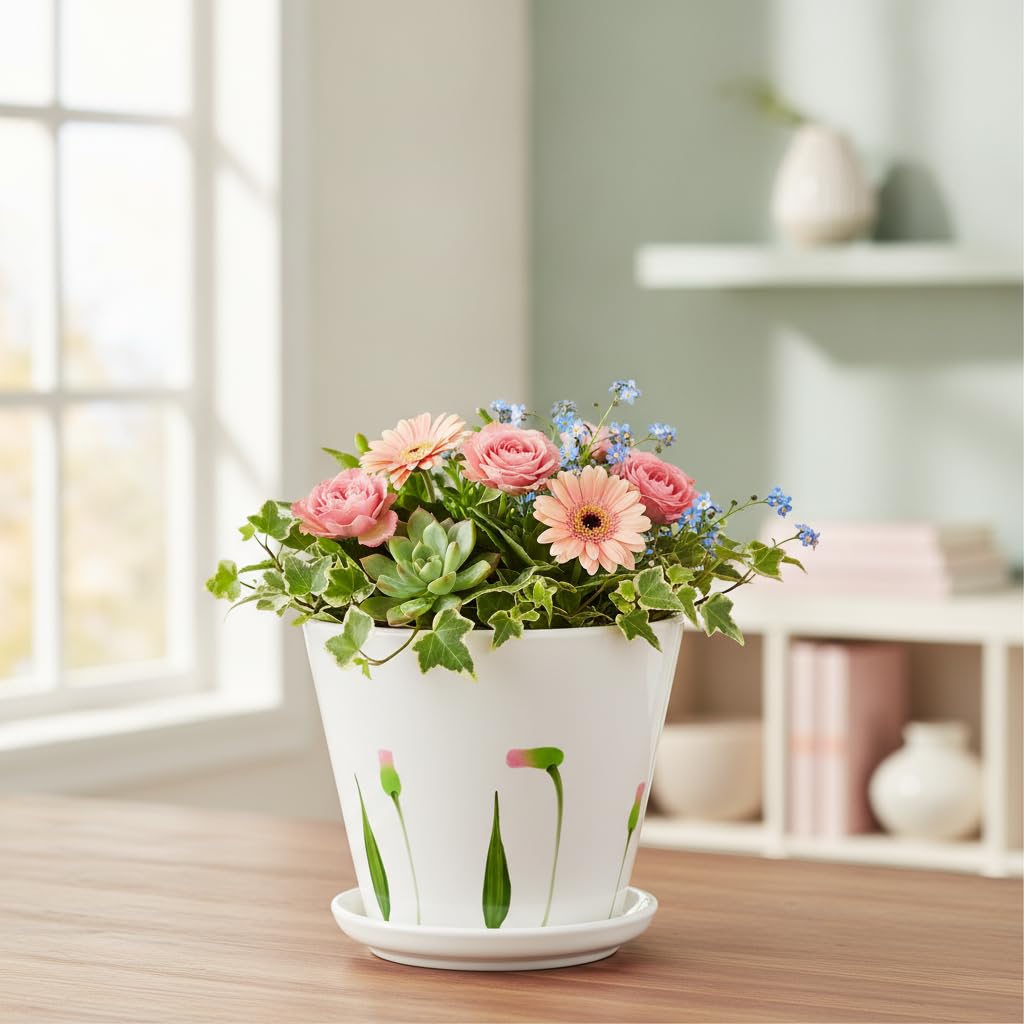 Xtore® Graceful Botanical Ceramic Planter for Indoor Plants & Desk Décor | Minimal White Planter Pot with Subtle Floral Motif for Home, Office, Shelf Styling (White, Pack of 1 - Planter only)-image-14