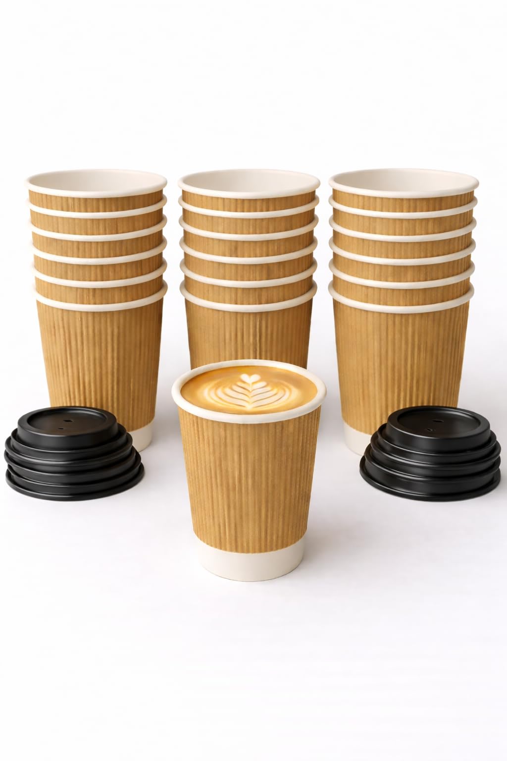 e-lite® 4oz Triple Wall Ripple Coffee Cups Insulated Disposable Hot Drink Cups for Espresso, Coffee & Tea – 200 Pack | with Black Lids