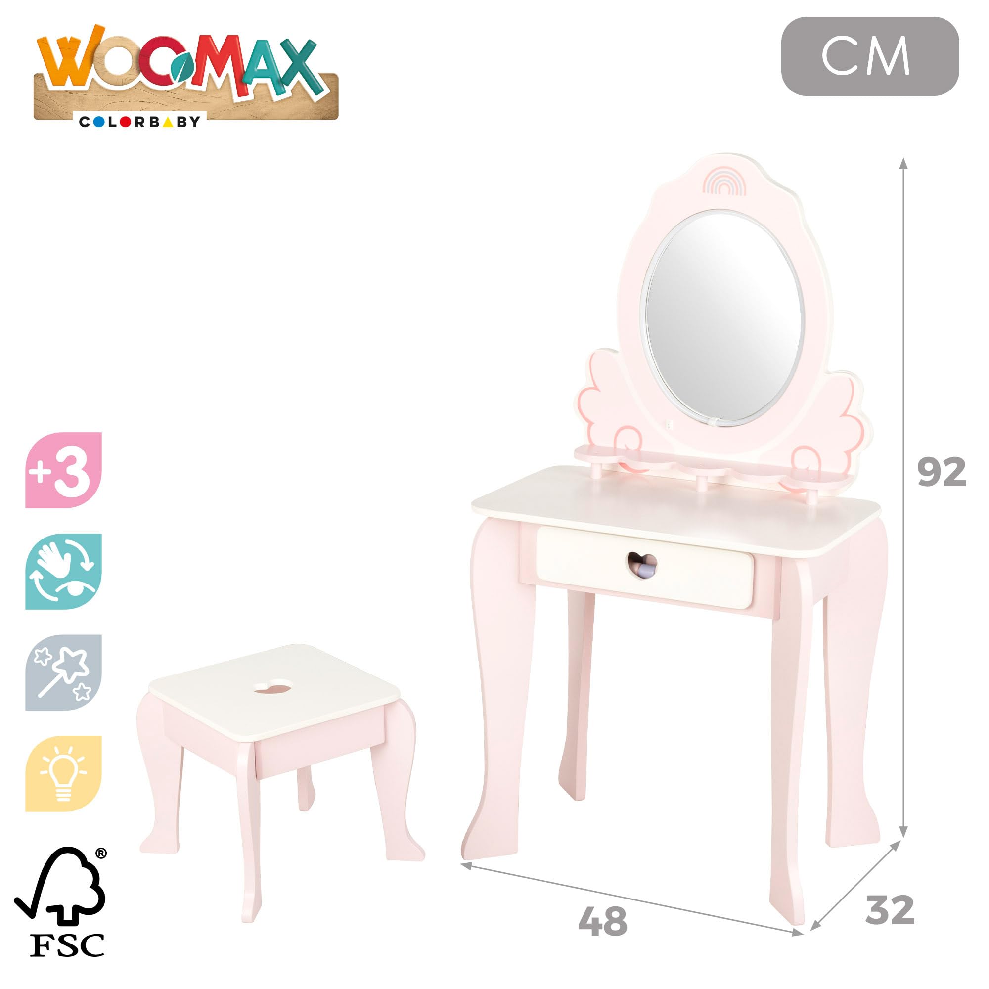 WOOMAX Tavolo da toeletta Bambina Sgabello in Legno Specchio con Luce 48x32x92cm Colori Pastello Inclusi Accessori Toletta Bambini Accessori Interattivi, Giocattoli per Bambini di 3 anni