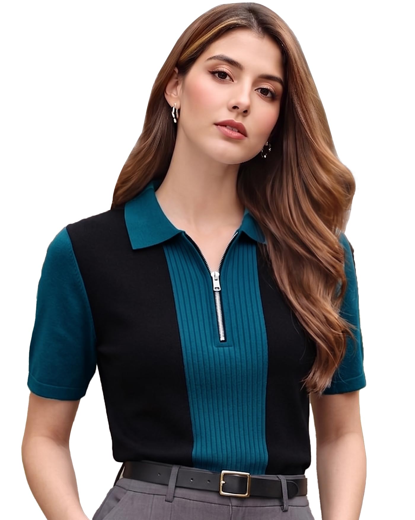 ausk Women's Color Block Polo T-Shirt | Half Sleeve Zip Neck Casual Top | Ribbed Texture Relaxed Fit Stylish Summer Wear T Shirt for Women-picture-17