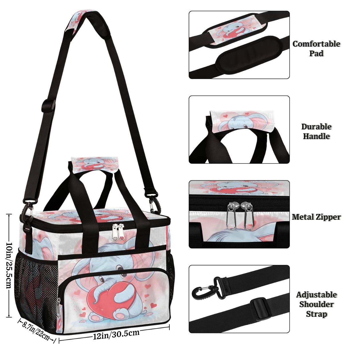 Elephant Insulated Picnic Backpack Lunch Box for Women Men Picnic Basket Tote Lunch Bag Picnic Bag Portable Lunch Bags for Picnic, Beach, Work, Trip,Office, Camp Cute Elephant Heart