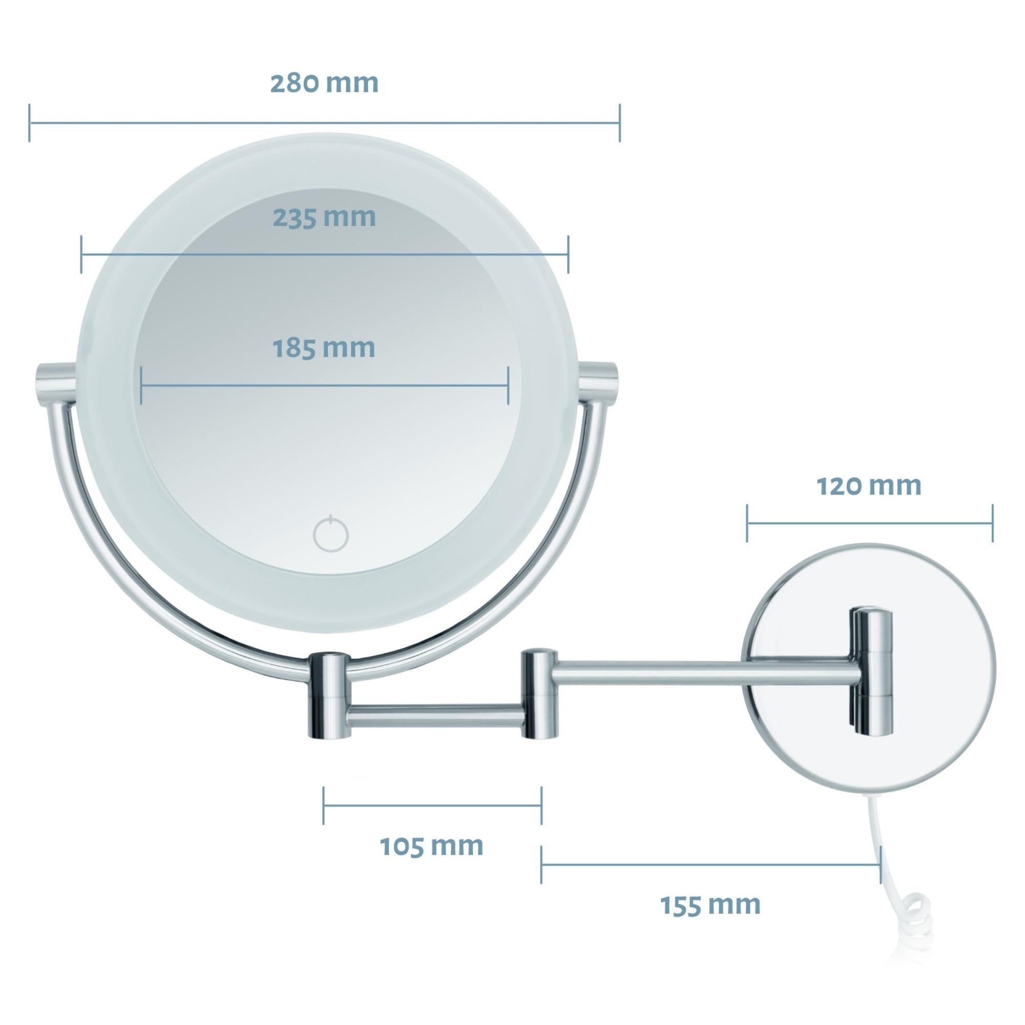 Kosmetikspiegel XXL Tokio – LED Wand-Schminkspiegel mit Dimmerfunktion, Auto-Off, 5x/10x Vergrößerung und extra großer Spiegelfläche [Energieklasse E]