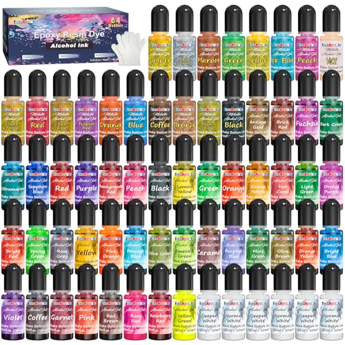 FansArriche Alcohol Ink Set - 64 Vivid Colours Alcohol-Based Ink for Epoxy Painting Dye for Resin Petri Dish Making Resin Art Tumbler Making - Each 10 ml