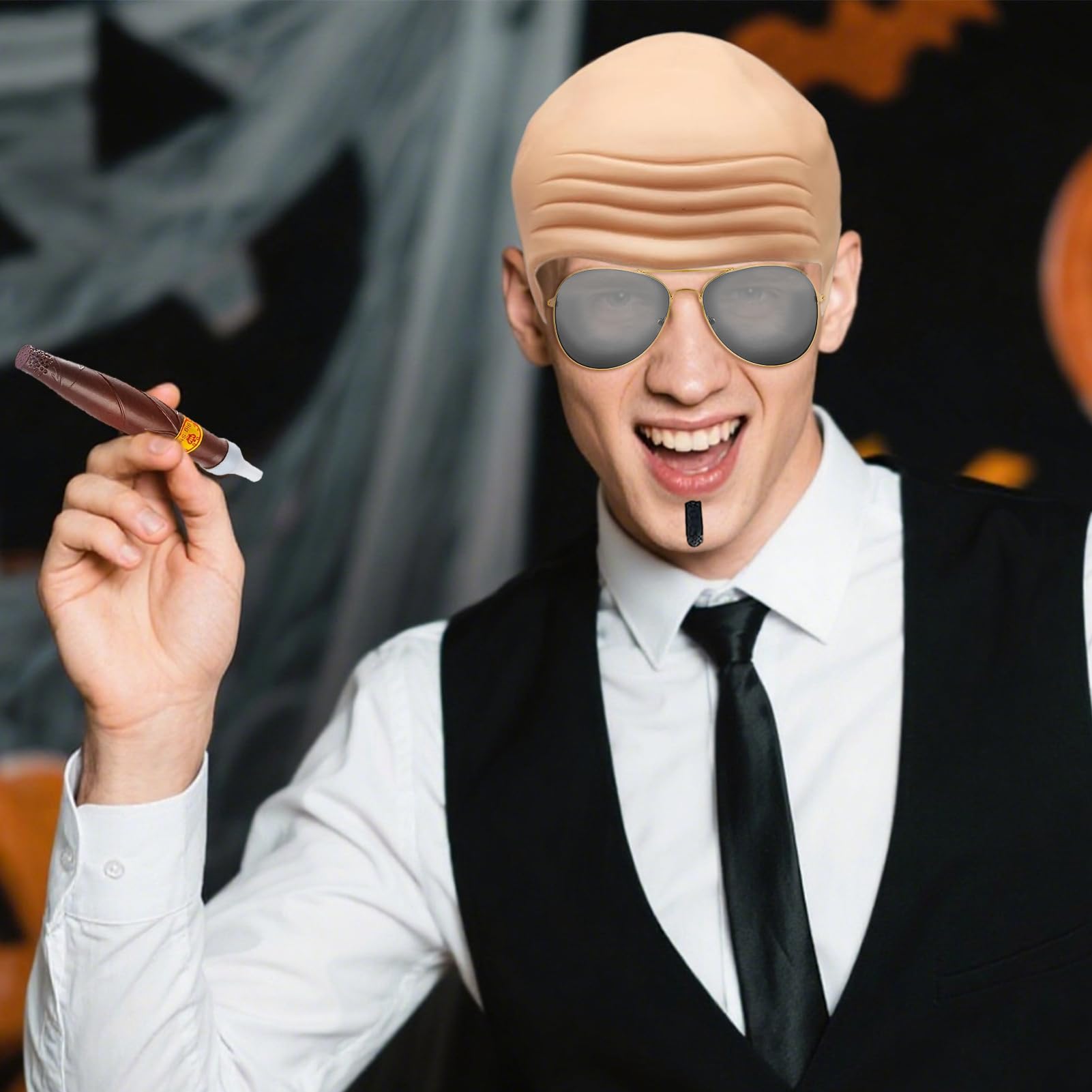 Antsparty Adults Mr Worldwide Accessory Set, 5Pcs Famous Rapper Cosplay Set including Nude Bald Cap Sunglasses Fake Beard Tie - Image 3