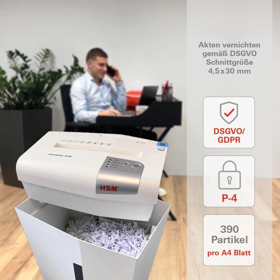 HSM shredstar X10 Aktenvernichter I Partikelschnitt 4,5x30 mm I 10 Blatt | Sicherheitsstufe P-4 I Leiser Home Office Schredder für Papier, CD/DVD, Kreditkarten I 20l Auffangbehälter I 2 Jahre Garantie