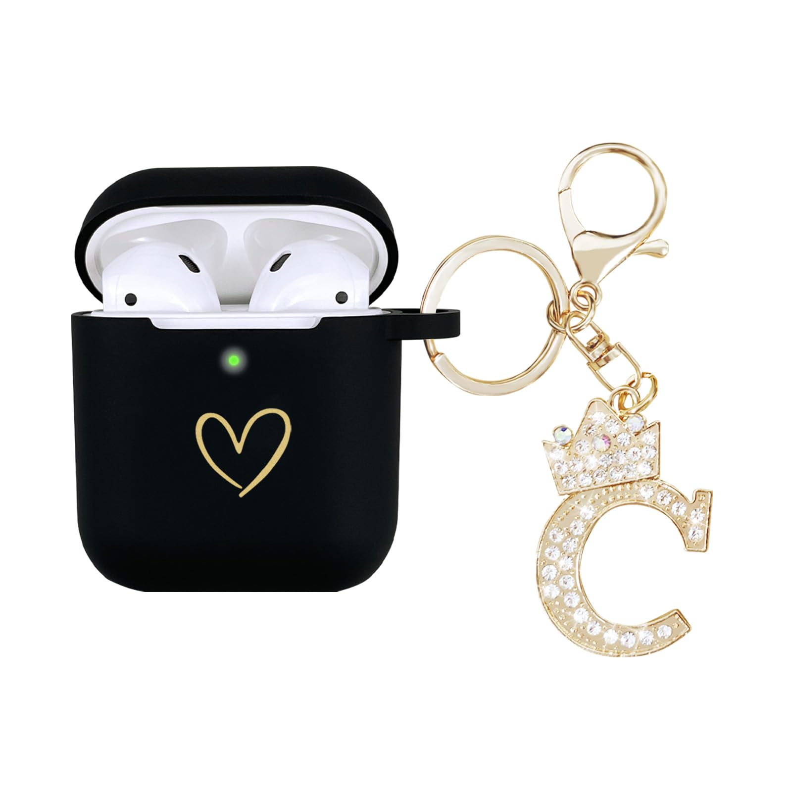 AIIEKZ Compatible with AirPods Case Cover, Soft Silicone Case with Gold Heart Pattern for AirPods 2&1 Generation Case with Rhinestone Studded Letter